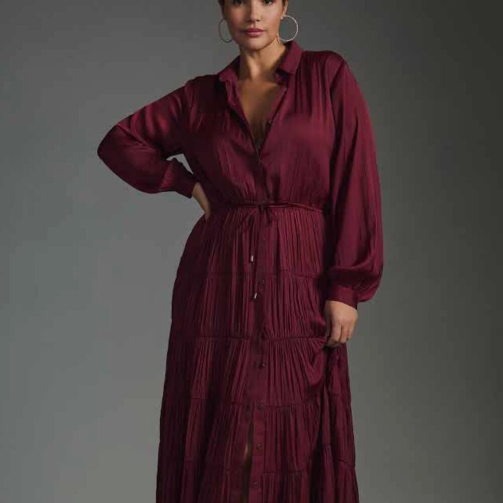 Anthropologie Deep Red Button Front Long Sleeve Tiered Maxi Dress Medium